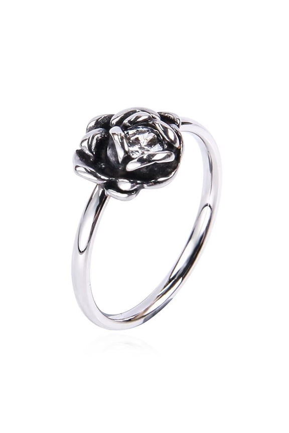 Women's Stainless Steel Vintage Personalized Rose Flower Gemstone Ring Silver with White CZ Size 12