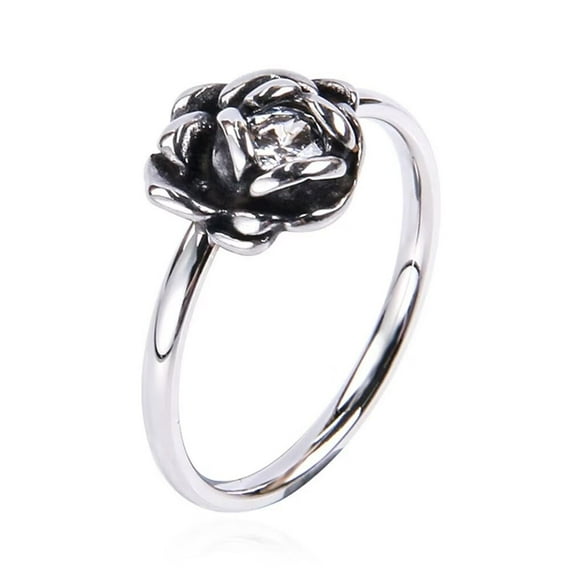PAMTIER Women's Stainless Steel Vintage Personalized Rose Flower Gemstone Ring Silver with White CZ Size 7