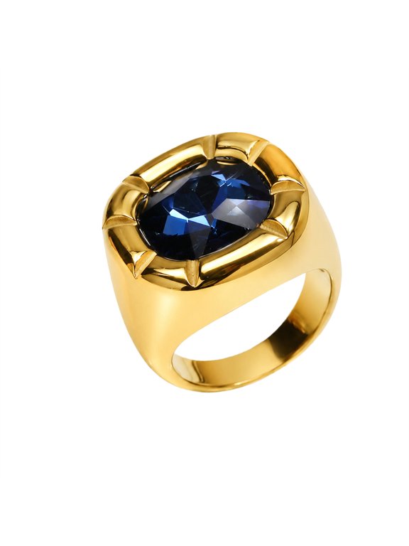 Women's Vintage Oval Gemstone Signet Ring Stainless Steel Gold Plated Wide Statement Band Cocktail Party Daily Wear Dark Blue Size 9