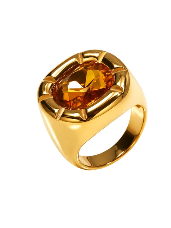 Women's Vintage Oval Gemstone Signet Ring Stainless Steel Gold Plated Wide Statement Band Cocktail Party Daily Wear Orange Size 7
