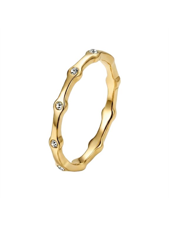 Womens Irregular Wavy Bamboo Texture Stackable Ring Stainless Steel Minimalist Statement Band Tiny Sparkle CZ Stone Everyday Layering Jewelry