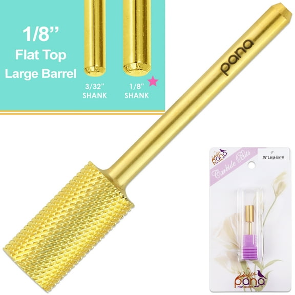 PANA 1/8" Professional Flat Top Large Barrel Carbide Bit - Nail Drill Bit for Manicure Pedicure Tools Dremel Machine - Gold, Fine Grit
