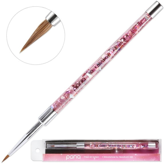 PANA 3D Kolinsky Acrylic Nail Art Sculpture Brush with Pink Clear View Glitter Handle for Manicures 3D Nail Art Flower Designs (Pink Glitter - Size #2, 1 Piece)