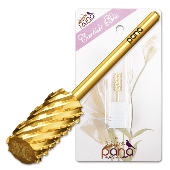 PANA Flat Top Large Barrel 3/32" Shank Size - (Gold, 3X Coarse Grit) - Fast remove Acrylic or Hard Gel Nail Drill Bit for Manicure Pedicure Salon Professional or Beginner