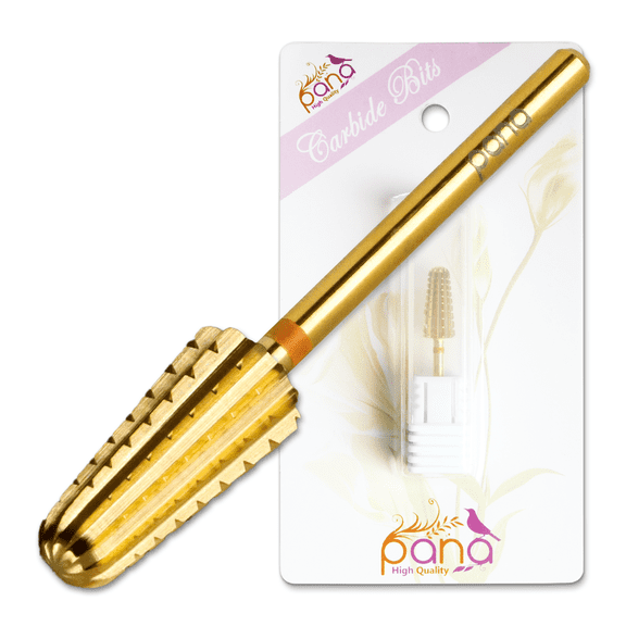 PANA Nail Carbide Volcano Bit - Two Way Rotate use for Both Left and Right Handed - Fast remove Acrylic or Hard Gel - 3/32" Shank - Manicure, Nail Art, Drill Machine (2 Extra Coarse)(Gold)