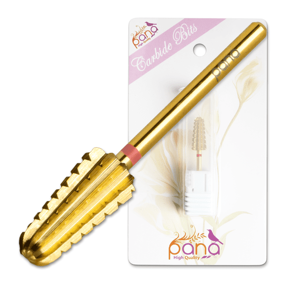 PANA Nail Carbide Volcano Bit - Two Way Rotate use for Both Left and Right Handed - Fast remove Acrylic or Hard Gel - 3/32" Shank - Manicure, Nail Art, Drill Machine (3 Extra Coarse)(Gold)