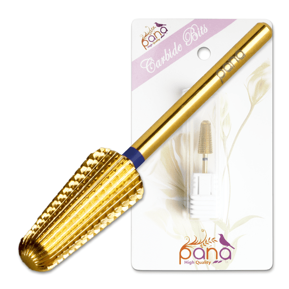 PANA Nail Carbide Volcano Bit - Two Way Rotate use for Both Left and Right Handed - Fast remove Acrylic or Hard Gel - 3/32" Shank - Manicure, Nail Art, Drill Machine (Medium)(Gold)