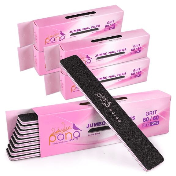 50pcs - PANA Jumbo Double-Sided Emery Nail File for Manicure, Pedicure, Natural, and Acrylic Nails - Black (Grit 60/60)