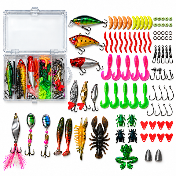 PANADVENTURE 95 Pcs Fishing Lures Kit, Freshwater Tackle Box with Spoon Lures, Soft Plastic Worms and Baits for Bass, Trout and Salmon