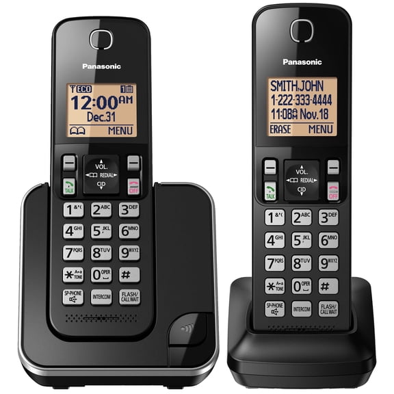 Panasonic Cordless Phone 2 Handsets System Expandable with Amber Backlit Display KX-TGC352B (Black)
