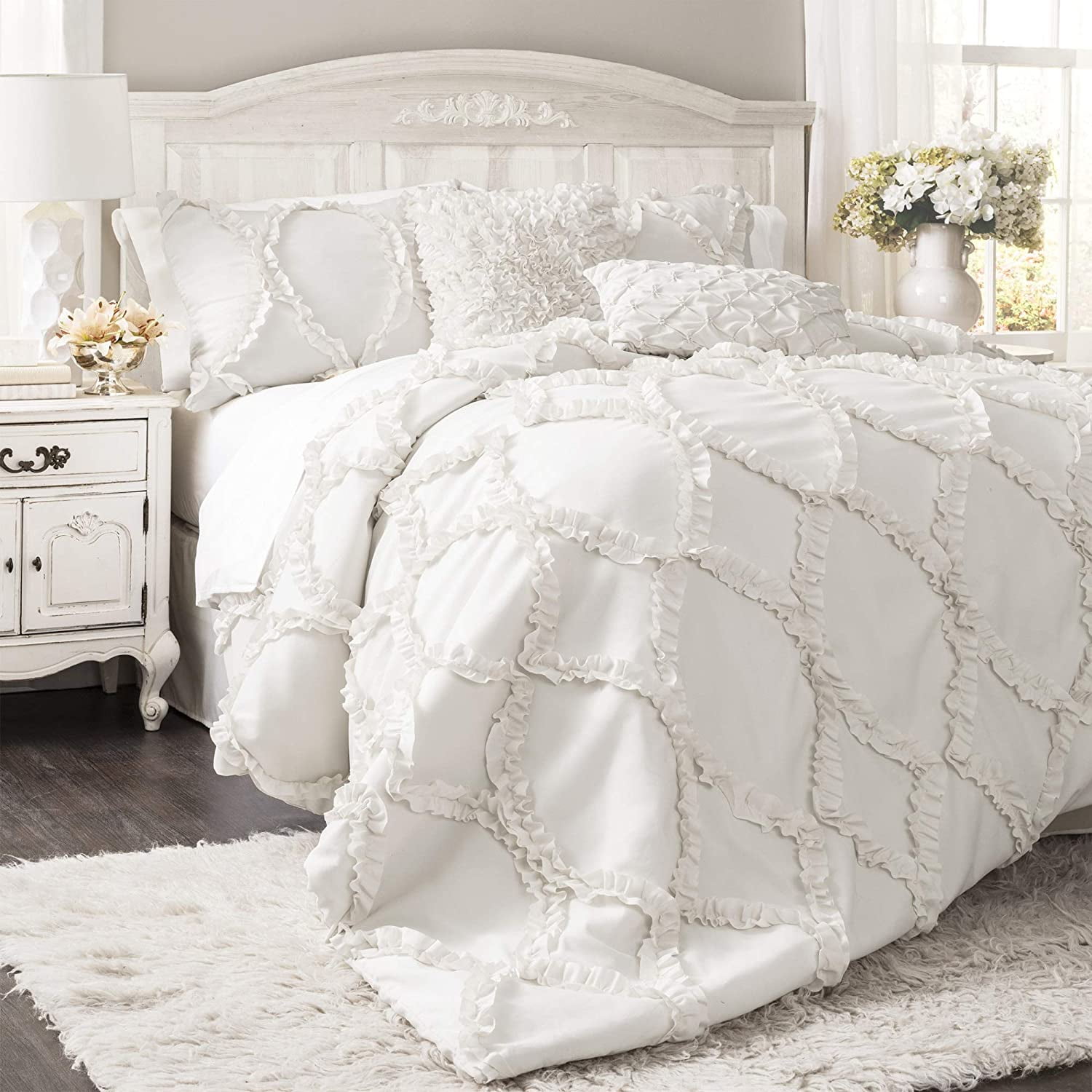 White Microfiber Queen Comforter Set with Ruffle Embroidery
