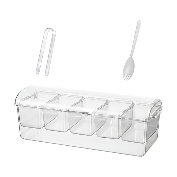PANCHENH Chilled Condiment Server Tray With 5 Compartments & Lid 40x15x14cm Large Clear Buffet Serving Ice Condiment Organizer For Garnish Fruit Veggies Includes Tongs & Spoons