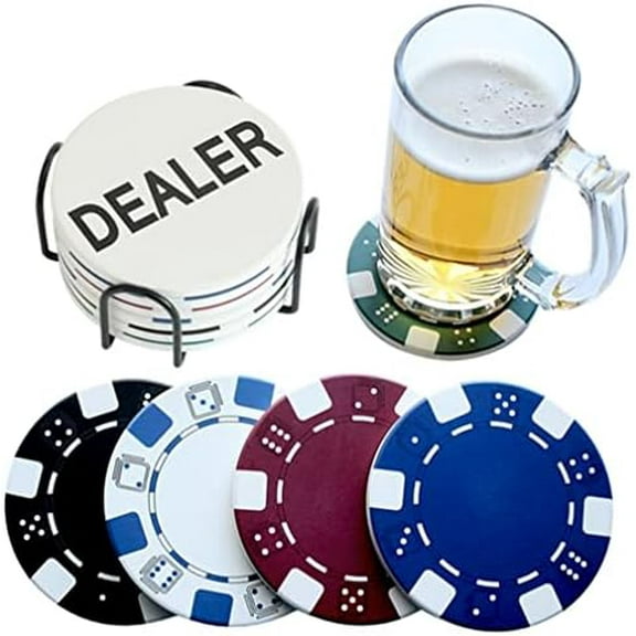 PANCHH Man Cave Coasters with Holder for Drinks & Manly Decor - Cool Kitchen Stuff, Best Housewarming & Birthday Gifts for Men, Guys, Male Best Friend  Casino Theme, Fun Poker Coasters- Home Bar