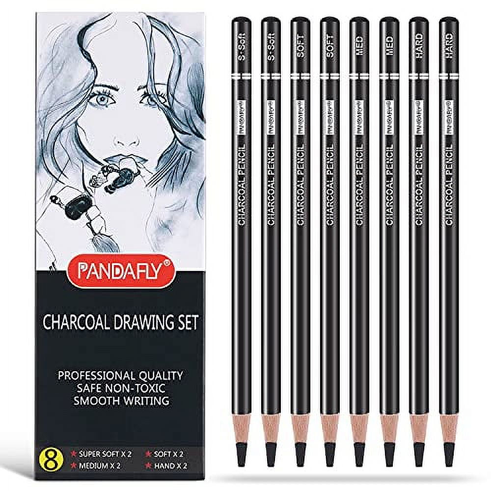 PANDAFLY Professional Charcoal Pencils Drawing Set - 8 Pieces Super Soft,  Soft, Medium and Hard Charcoal Pencils for Drawing, Sketching, Shading