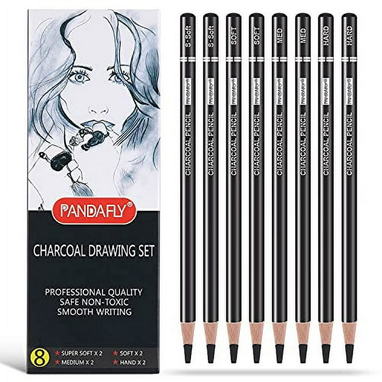 PANDAFLY Professional Charcoal Pencils Drawing Set - 8 Pieces Super Soft, Soft, Medium and Hard Charcoal Pencils for Drawing, Sketching, Shading, Arti