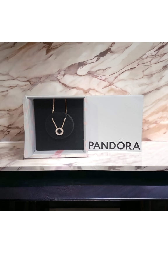 Jewelry Logo Pave Circle Collier Necklace for Women - 14k Rose Gold-Plated with Cubic Zirconia - 17.7"