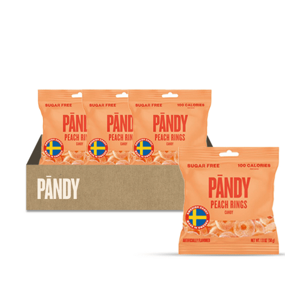 PANDY, Swedish Sugar Free Candy, Peach Rings (1.8 Ounce Bags, Pack of 4) - Diet Candy, Healthy Candy, Keto Gummy Candy, Low Calorie Sweets