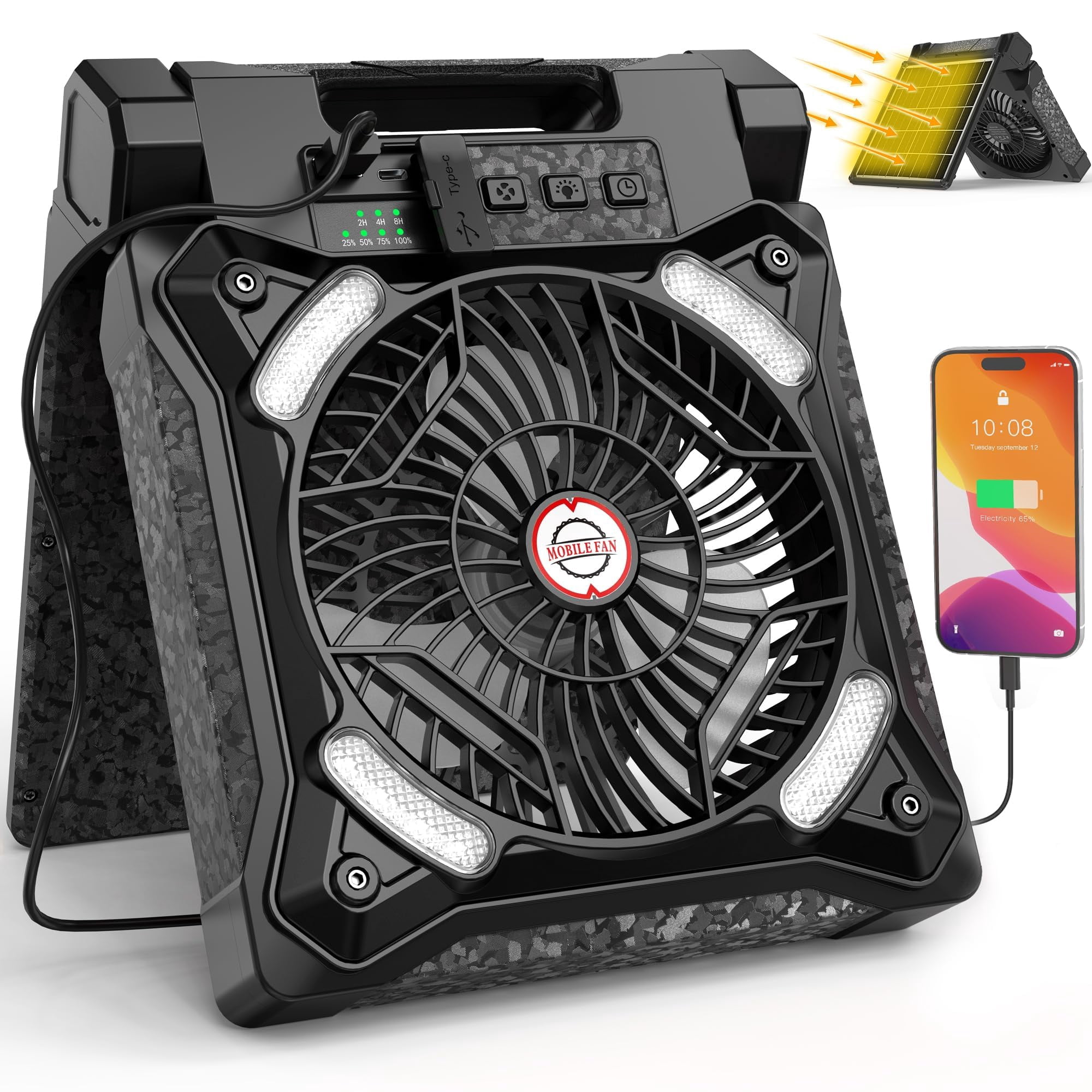PANERGY Solar Fan with Lantern for Camping, Rechargeable Battery ...