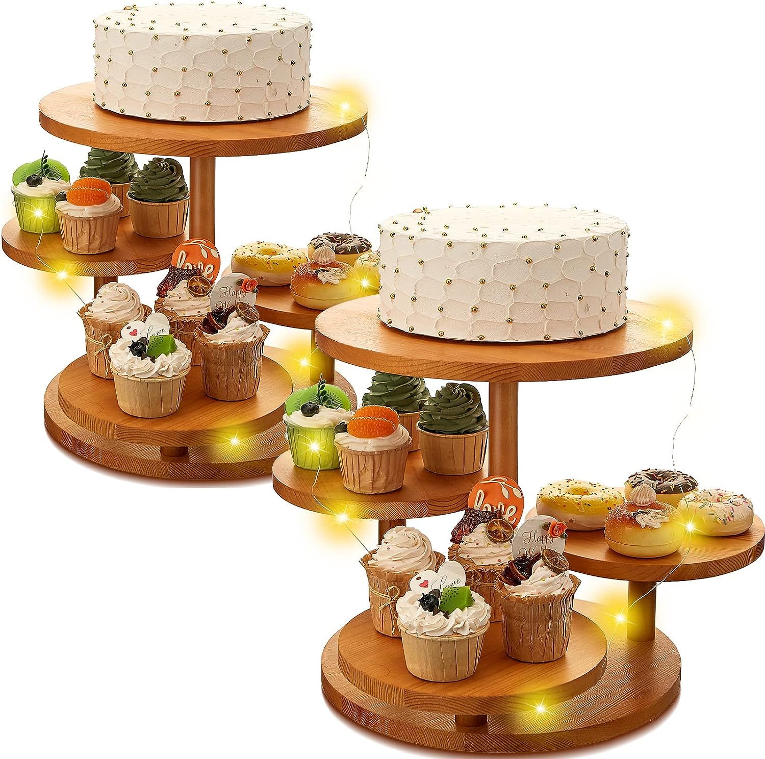 PANGU 2 Pcs 4 Tier Wood Cake Stand with LED Lights Round Cupcake Tower