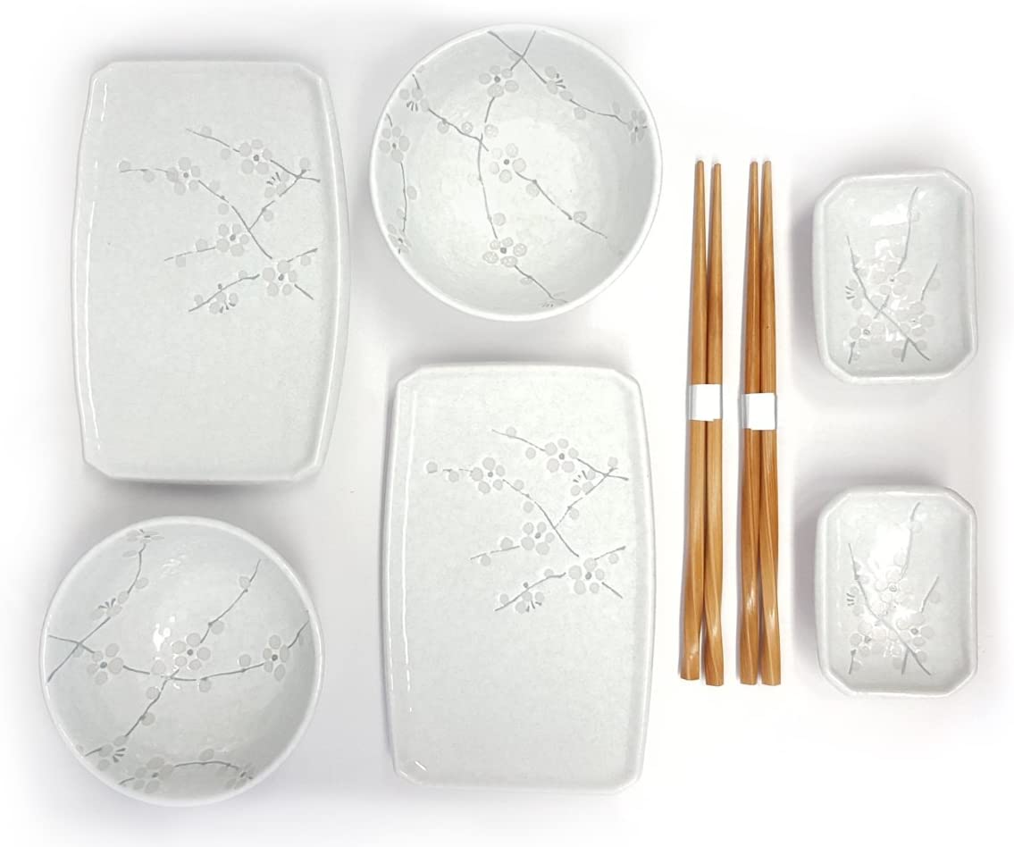 PANGU 8 Piece Japanese Cherry Blossom Dinnerware Set, White