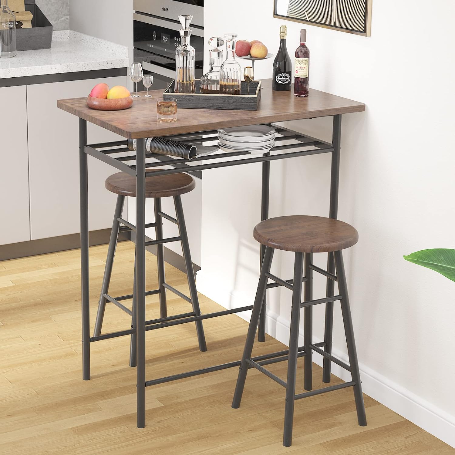 PANGU Bar Table with 2 Bar Stools, Pub Dining Height Table Set, Kitchen