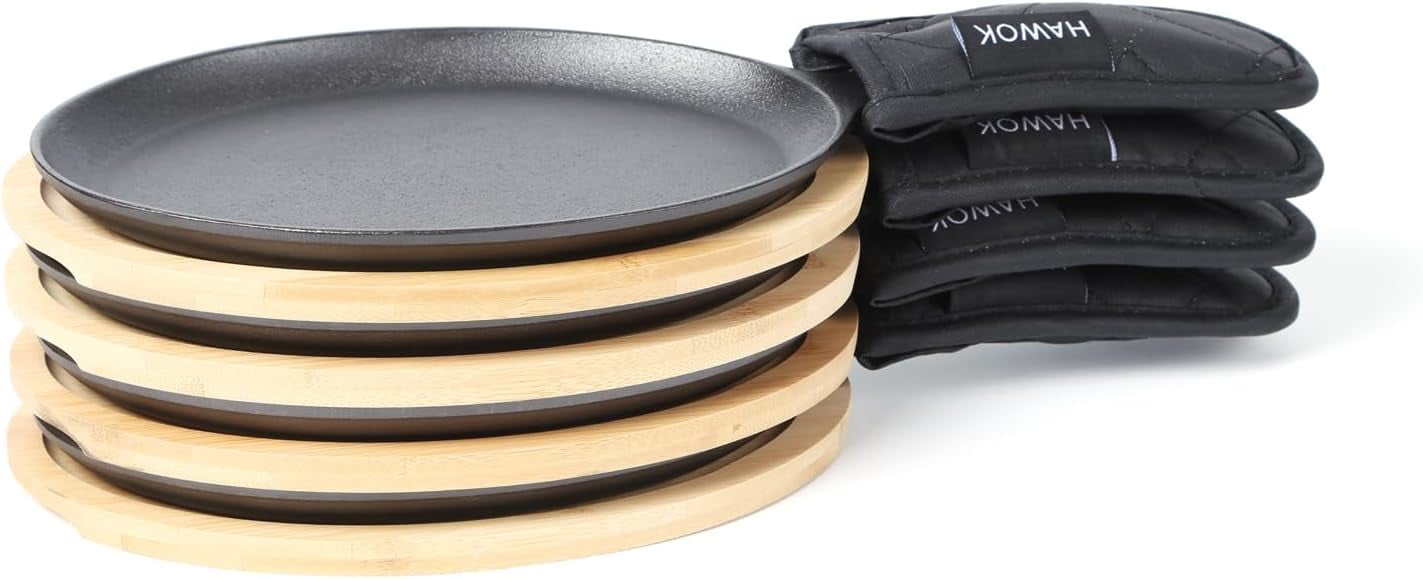 PANGU Cast Iron Fajita Plate Sizzler Pan Set with Bamboo Tray and