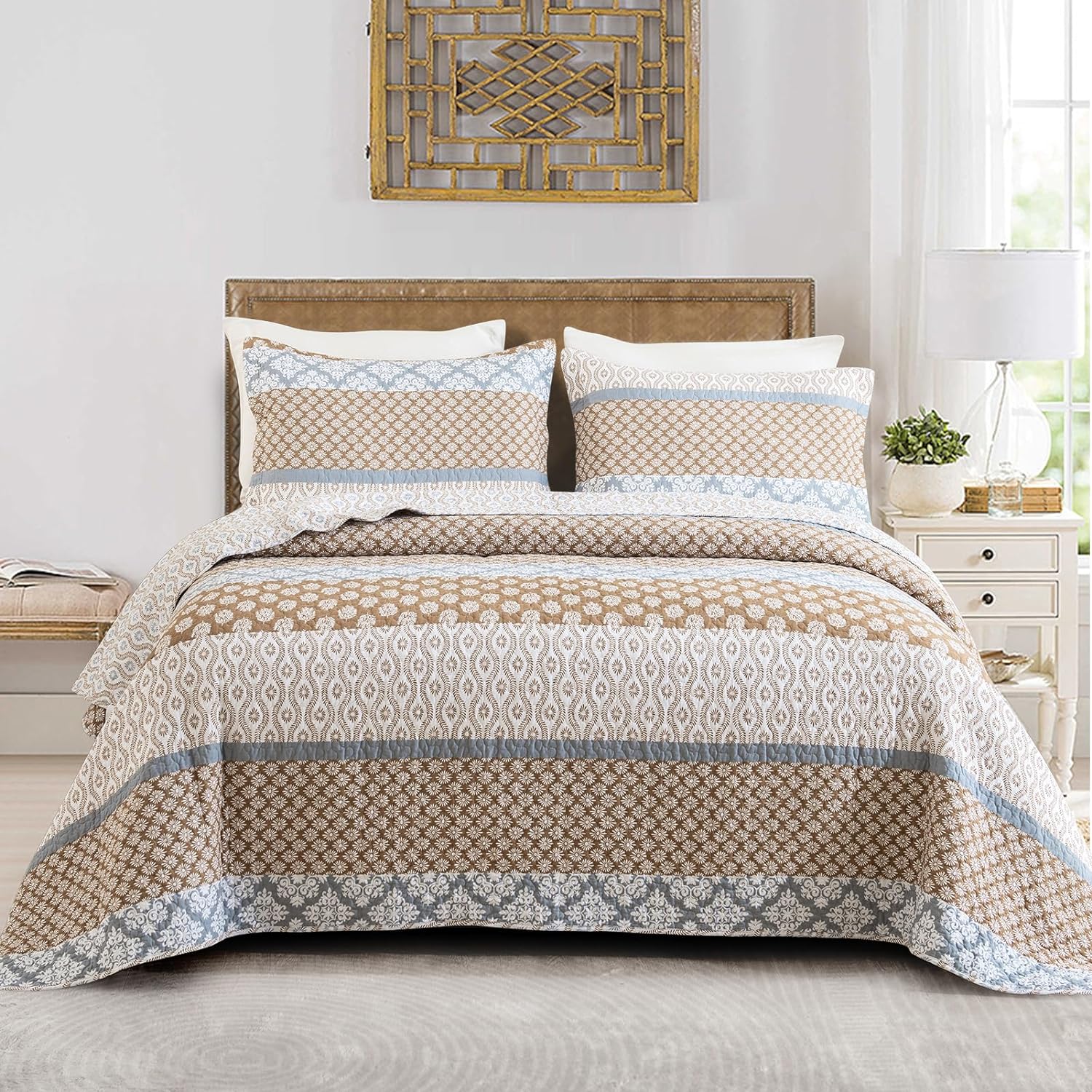 PANGU Floral King Size Quilt 100 Cotton Reversible King Quilt with 2