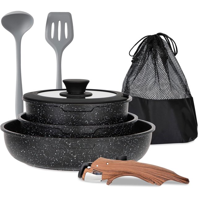 PANGU Induction Cookware Set 10 Piece Nonstick Pots and Pans with Detachable Handle, Black