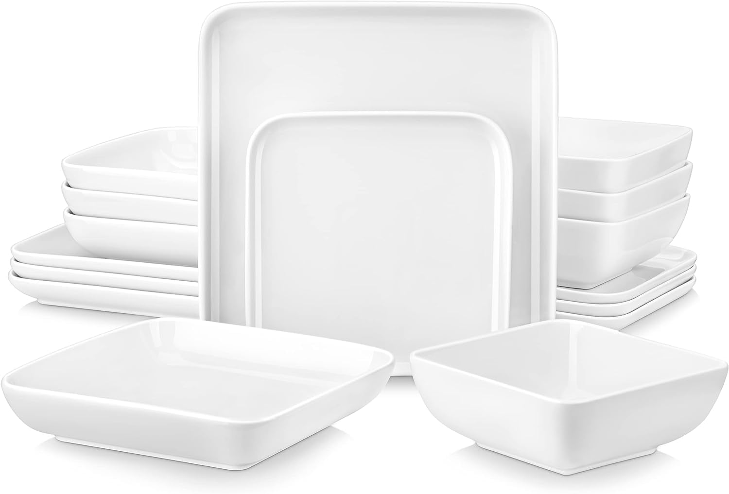 PANGU Ivory White Dinnerware Sets, 16Piece Square Plates and Bowls