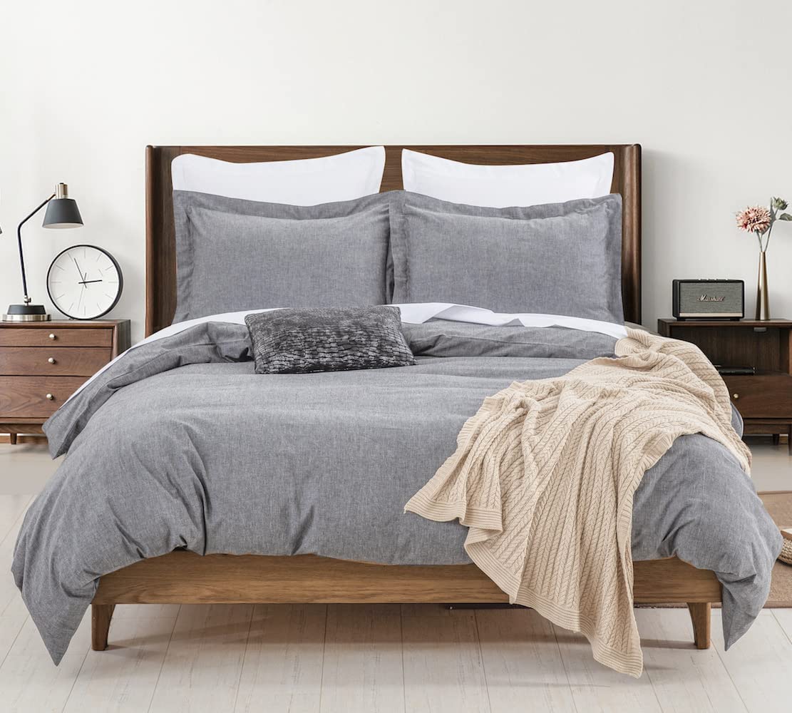 PANGU Queen Bedding Duvet Cover Set, Soft Washed Cotton Chambray Grey, Zipper Closure Queen Size