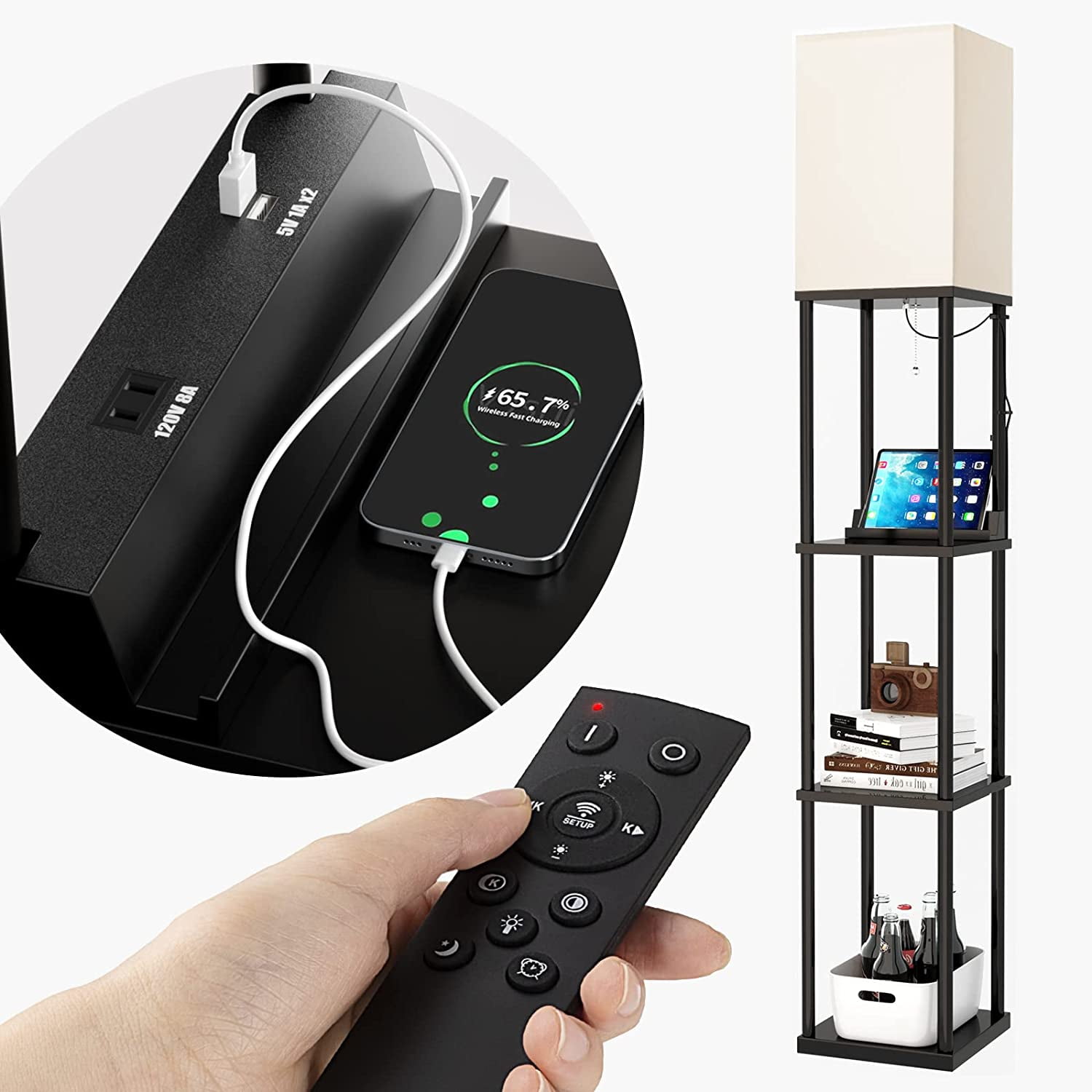 PANGU Shelf Floor lamp with 2 USB Ports and Power Outlet, Remote