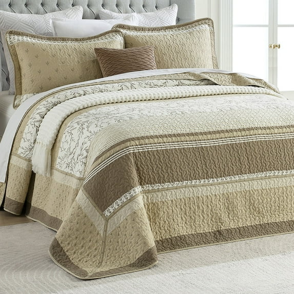 PANGUSHAN 100% Cotton 120"×120" Bedspread Oversized Quilt Bedding Set, Beige/Cream