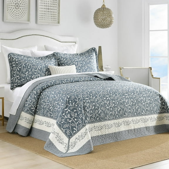PANGUSHAN 100% Cotton 120"×128" Bedspread Oversized Quilt Bedding Set, Grayish Blue