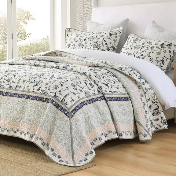 PANGUSHAN 100% Cotton 120"x120" Oversized California King Bedspread Coverlet Quilt Set, Cal King Quilted Bedspread Extra Large Wide Quilt, Floral XL Bed Spread Lightweight Comforter, 3pc, Navy/Pink