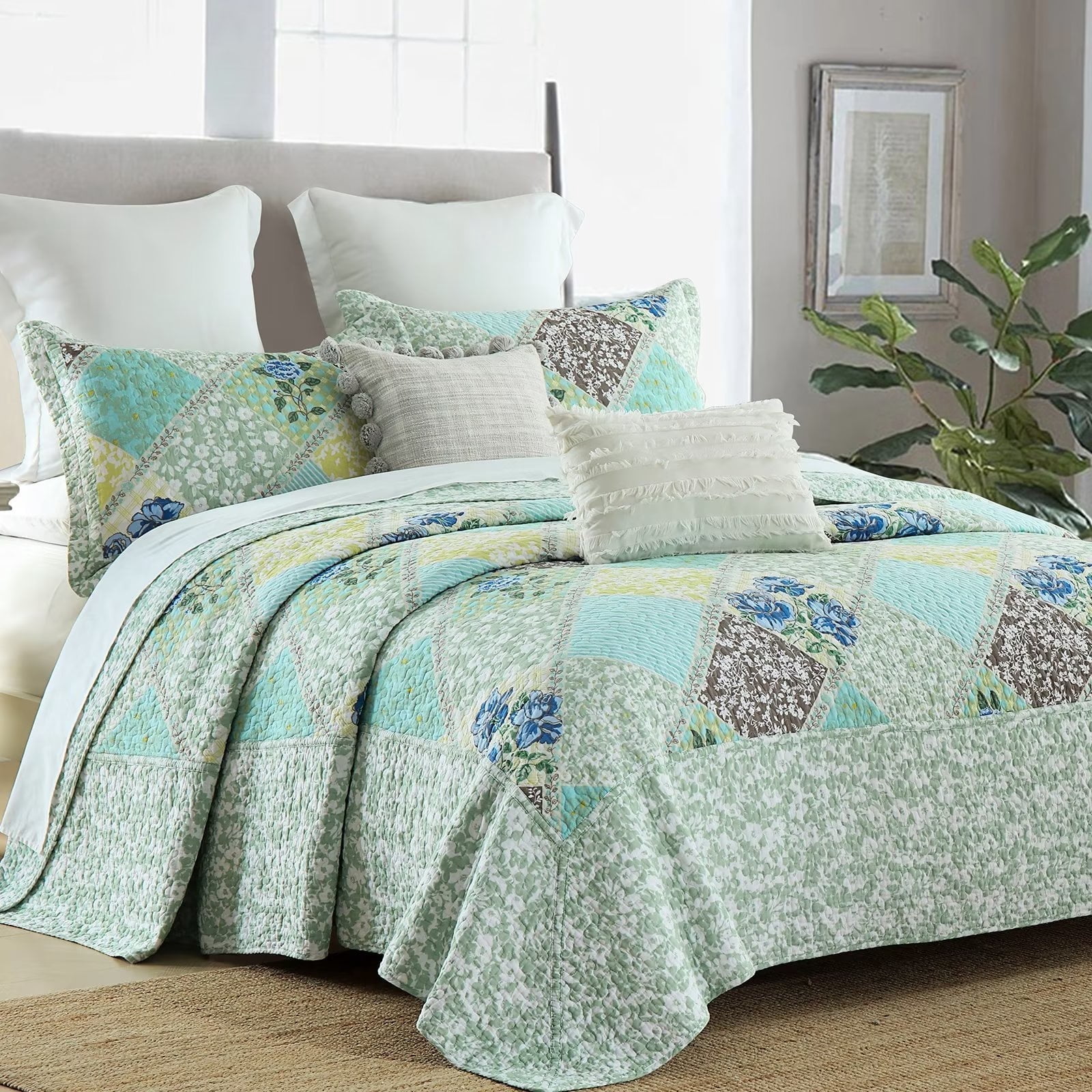 PANGUSHAN 100% Cotton 120"x120" Oversized California King Bedspread Coverlet Quilt Set, Cal King Quilted Bedspread Extra Large Wide Quilt, Floral XL Bed Spread Lightweight Comforter, 3pc, Green/Blue