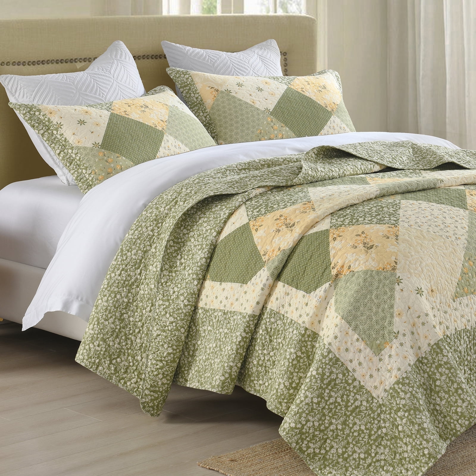 PANGUSHAN 100% Cotton 120"x120" Oversized California King Bedspread Coverlet Quilt Set, Cal King Quilted Bedspread Extra Large Wide Quilt, Floral XL Bed Spread Lightweight Comforter, 3pc, Green/Cream
