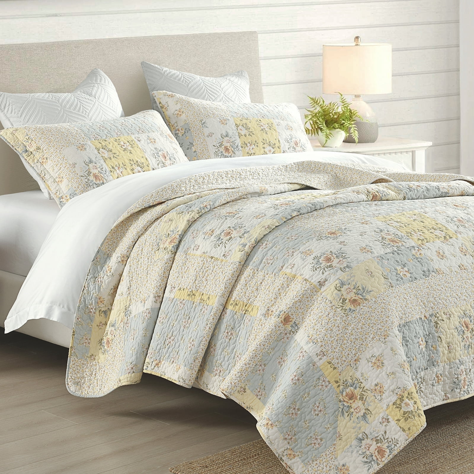 PANGUSHAN 100% Cotton 120"x120" Oversized California King Bedspread Coverlet Quilt Set, Cal King Quilted Bedspread Extra Large Wide Quilt, Floral XL Bed Spread Lightweight Comforter, Yellow/Cream