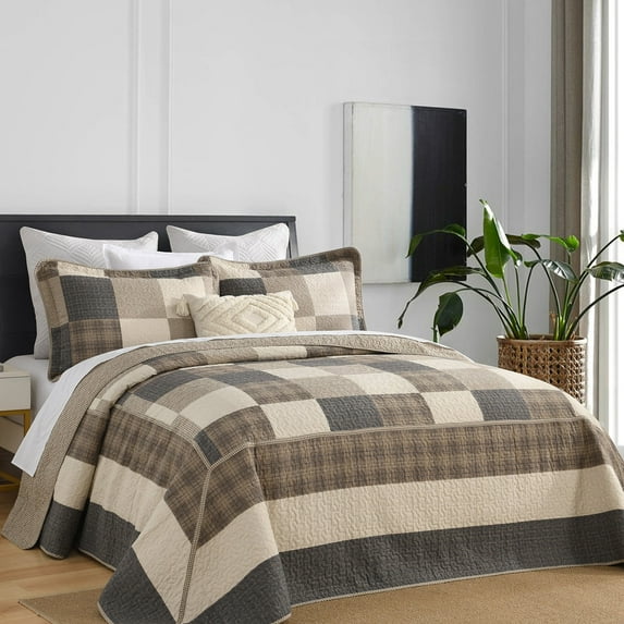 PANGUSHAN 100% Cotton 120"x120" Oversized California King Bedspread Coverlet Quilt Set, Cal King Quilted Bedspread Extra Large Wide Quilt, Plaid XL Bed Spread Lightweight Comforter, 3pc