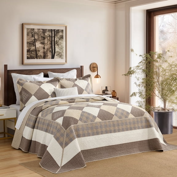 PANGUSHAN 100% Cotton 120"x120" Oversized California King Bedspread Coverlet Quilt Set, Cal King Quilted Bedspread Extra Large Wide Quilt, XL Bed Spread Lightweight Comforter, 3pc, Brown/Beige/Khaki