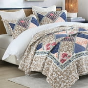 PANGUSHAN 100% Cotton 120"x120" Oversized California King Bedspread Coverlet Quilt Set, Cal King Quilted Bedspread Extra Large Wide Quilt, Floral XL Bed Spread Lightweight Comforter, 3pc, Navy/Brown