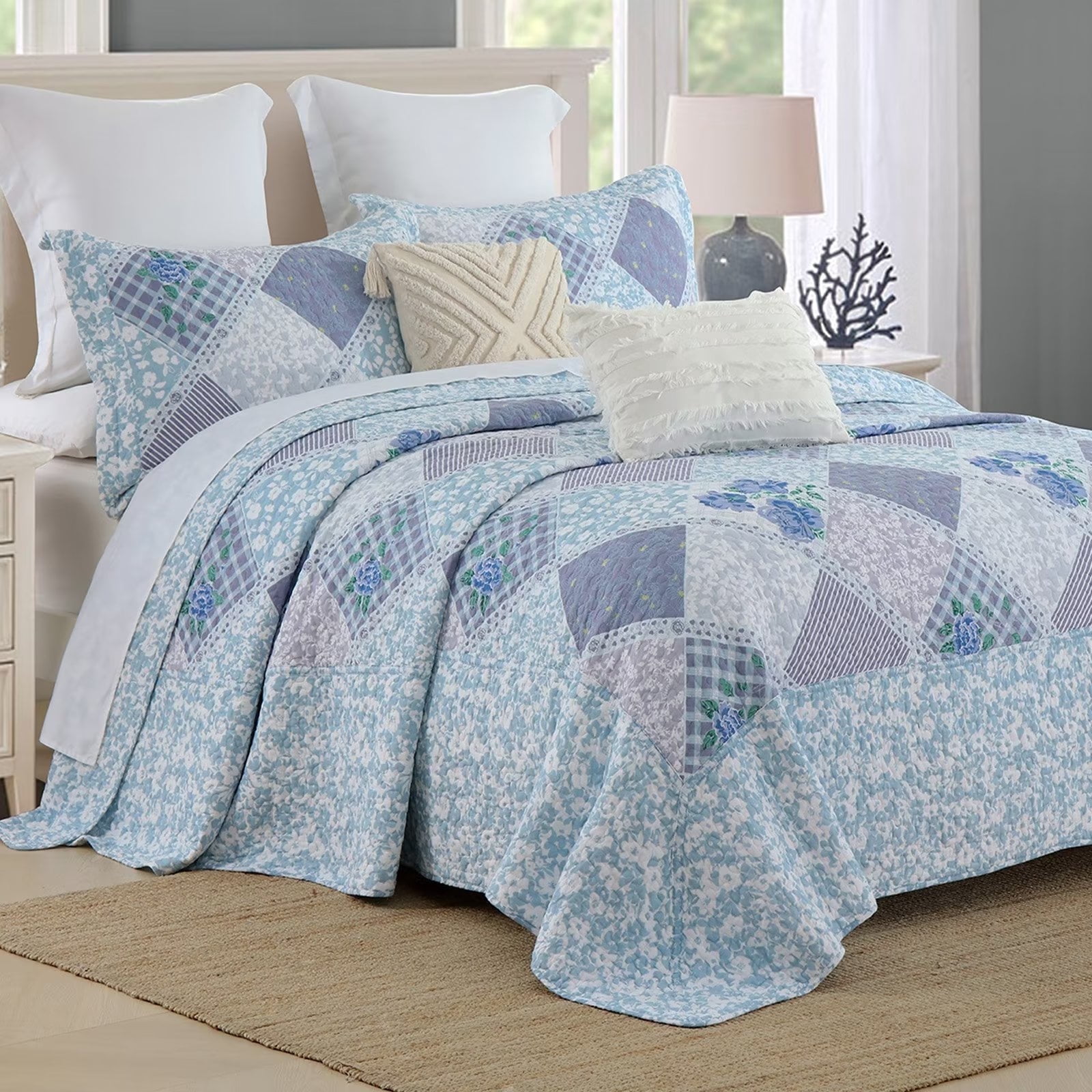 PANGUSHAN 100% Cotton 128"x120" Oversized California King Bedspread Coverlet Quilt Set, Cal King Quilted Bedspread Extra Large Wide Quilt, Floral XL Bed Spread Lightweight Comforter, 3pc, Blue/Violet