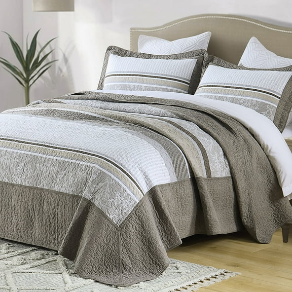 PANGUSHAN 100% Cotton 128"x120" Oversized California King Bedspread Coverlet Quilt Set, Cal King Quilted Bedspread Extra Large Wide Quilt, XL Bed Spread Lightweight Comforter, 3pc, Taupe/Gray/Beige