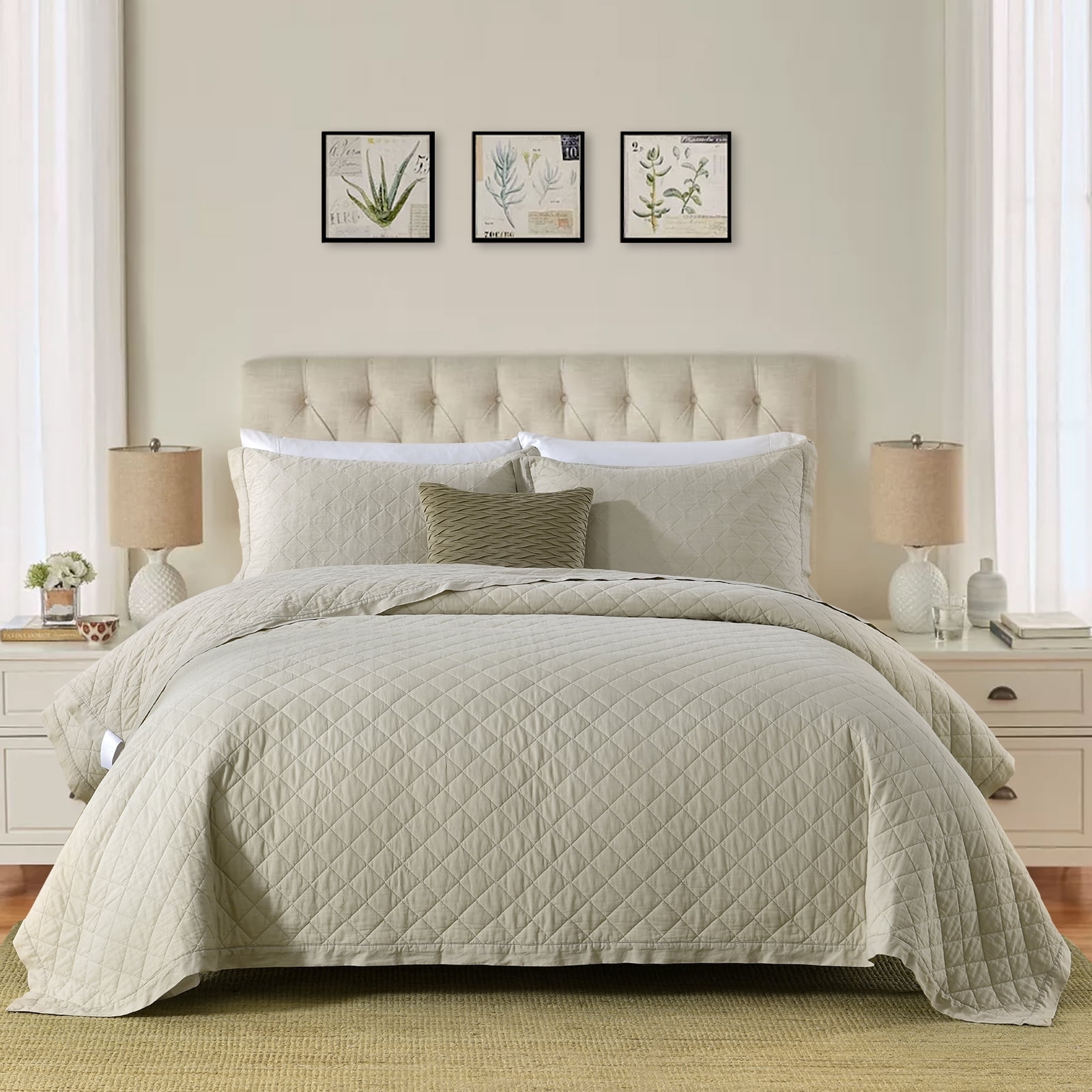 PANGUSHAN 100% Cotton King Quilt Set, Elegant Diamond Pattern Solid Color King Size Quilt Bedding Set Bedspreads, Reversible Quilted Lightweight Comforter, Beige Bed Spread for King Bed, 3pcs