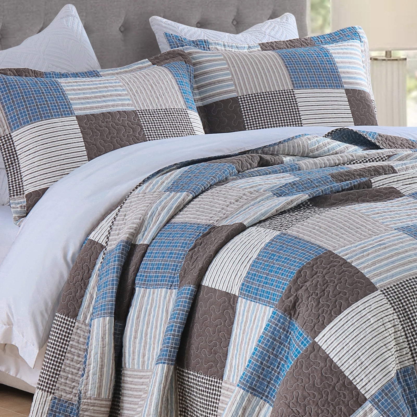 PANGUSHAN 100% Cotton King Quilt Set, Farmhouse Patchwork King Size Quilt Bedding Set Bedspreads, Reversible Quilted Lightweight Comforter, Blue/Brown Bed Spread for King Bed, 3 Pieces