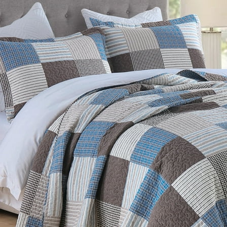 PANGUSHAN 100% Cotton King Quilt Set, Farmhouse Patchwork King Size Quilt Bedding Set Bedspreads, Reversible Quilted Lightweight Comforter, Blue/Brown Bed Spread for King Bed, 3 Pieces