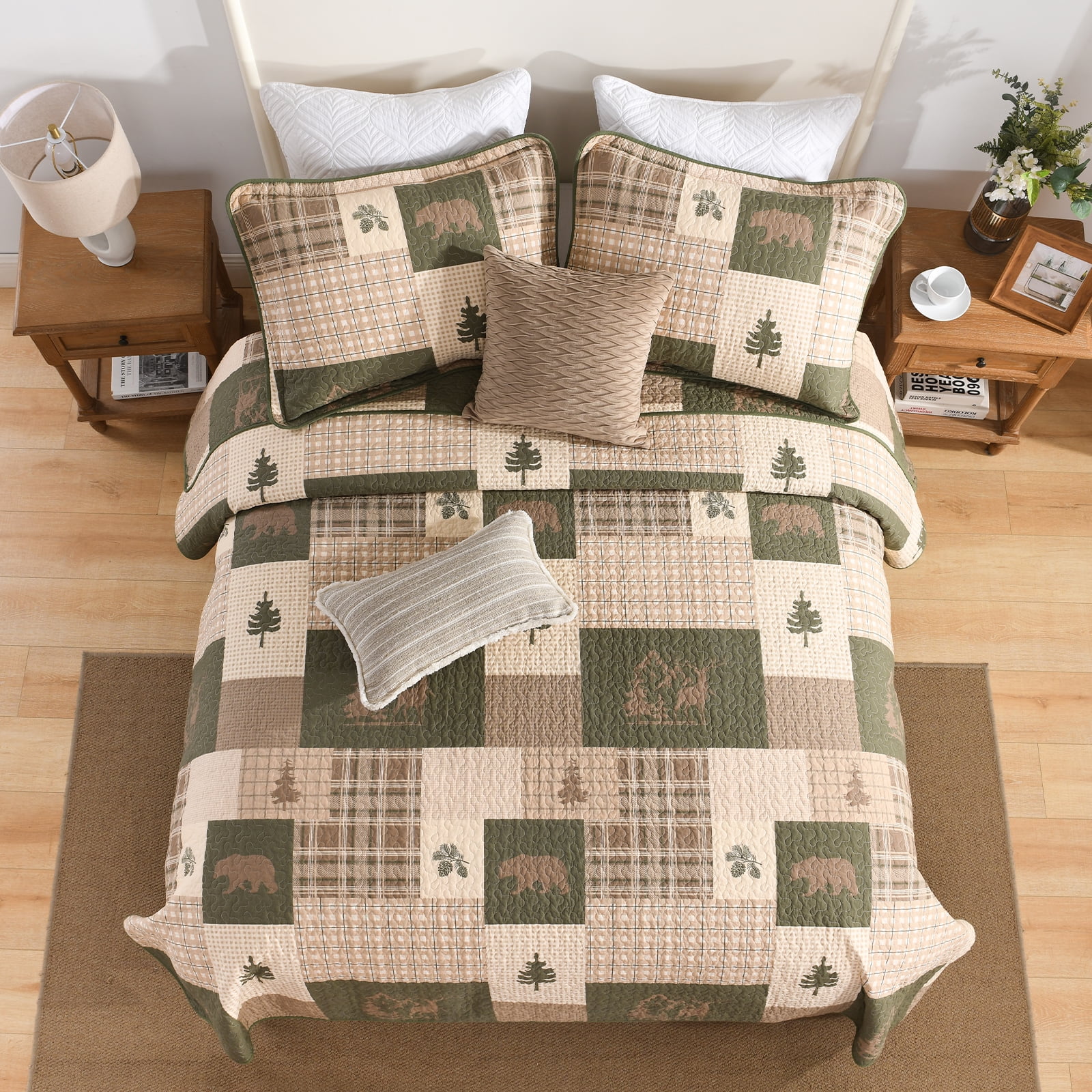 PANGUSHAN 100% Cotton King Quilt Set, Farmhouse Plaid King Size Quilt Bedding Set Bedspreads, Reversible Quilted Lightweight Comforter, Beige/Grayish Green/Brown Bed Spread for King Bed, 3pcs