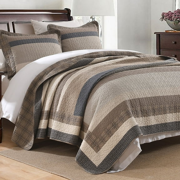 PANGUSHAN 100% Cotton King Quilt Set, Farmhouse Striped King Size Quilt Bedding Set Bedspreads, Reversible Quilted Lightweight Comforter, Brown/Beige/Charcoal/Gray Bed Spread for King Bed, 3pcs