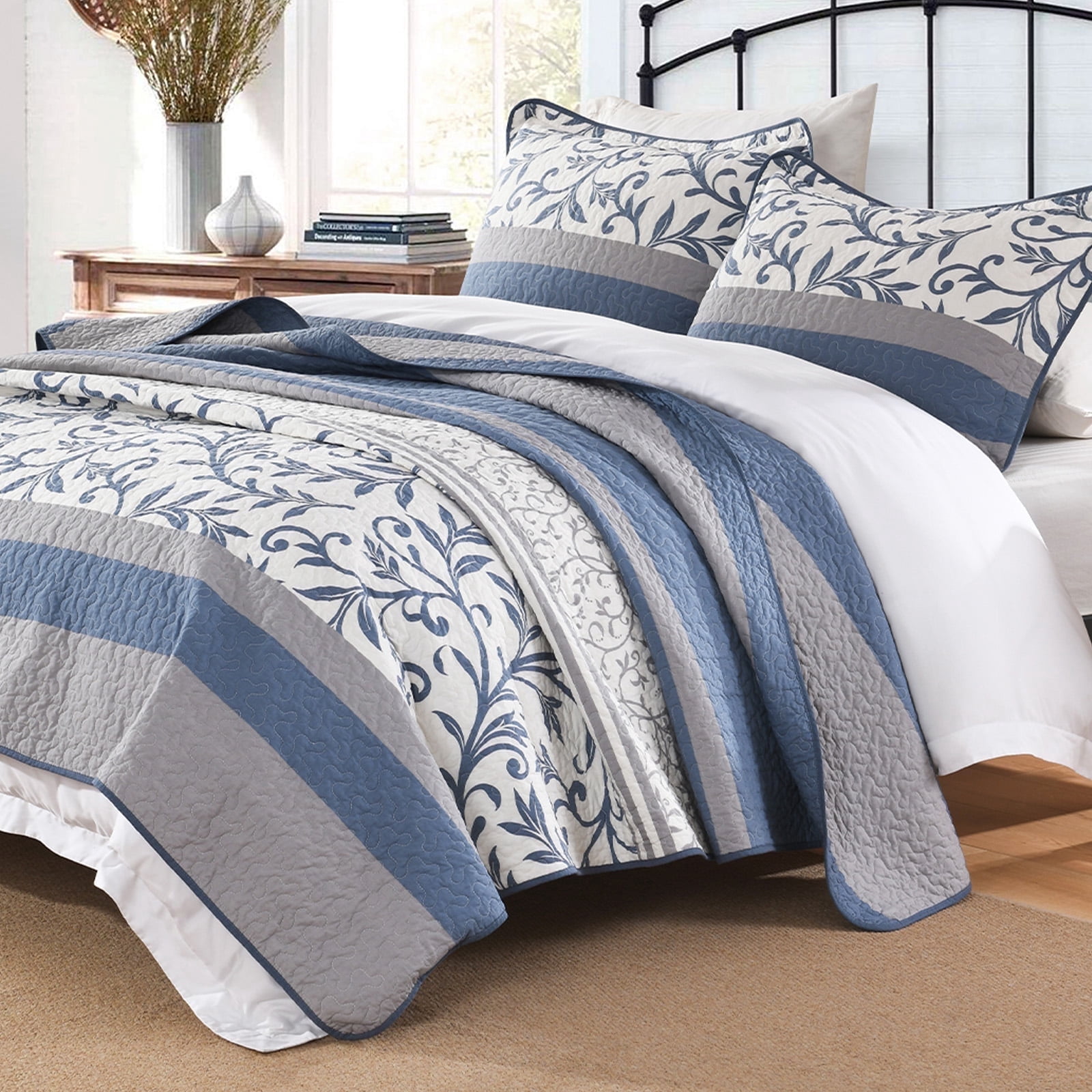 PANGUSHAN 100% Cotton King Quilt Set, Floral Striped Patterns King Size Quilt Bedding Set Bedspreads, Reversible Quilted Lightweight Comforter, Blue/Gray/White Bed Spread for King Bed, 3pcs
