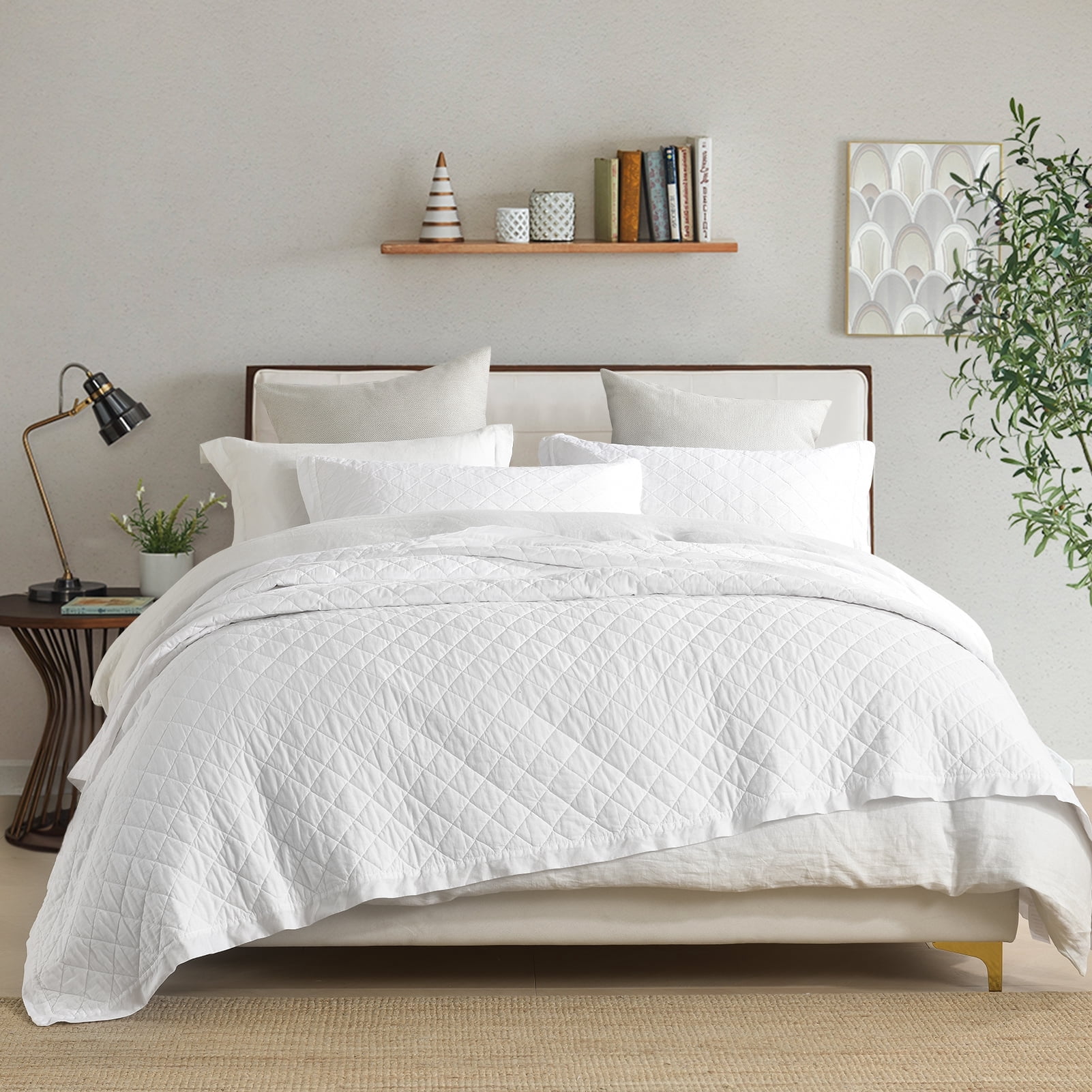 PANGUSHAN 100% Cotton Queen Quilt Set, Elegant Diamond Pattern Solid Color Queen Size Quilt Bedding Set Bedspreads, Reversible Quilted Lightweight Comforter, White Bed Spread for Queen Bed, 3pcs