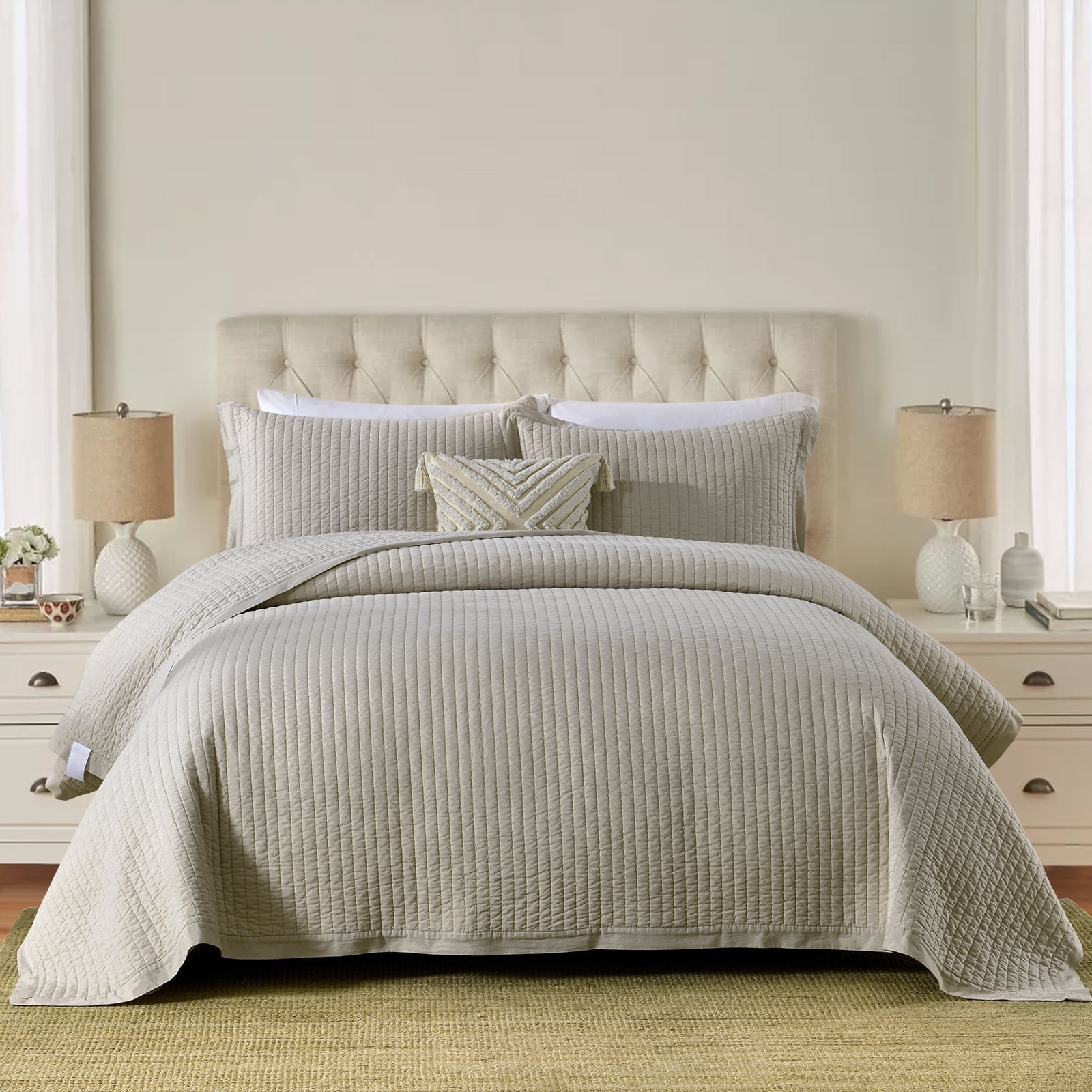 PANGUSHAN 100% Cotton Queen Quilt Set, Farmhouse Elegant Solid Color Queen Size Quilt Bedding Set Bedspreads, Reversible Quilted Lightweight Comforter, Beige Bed Spread for Queen Bed, 3pcs